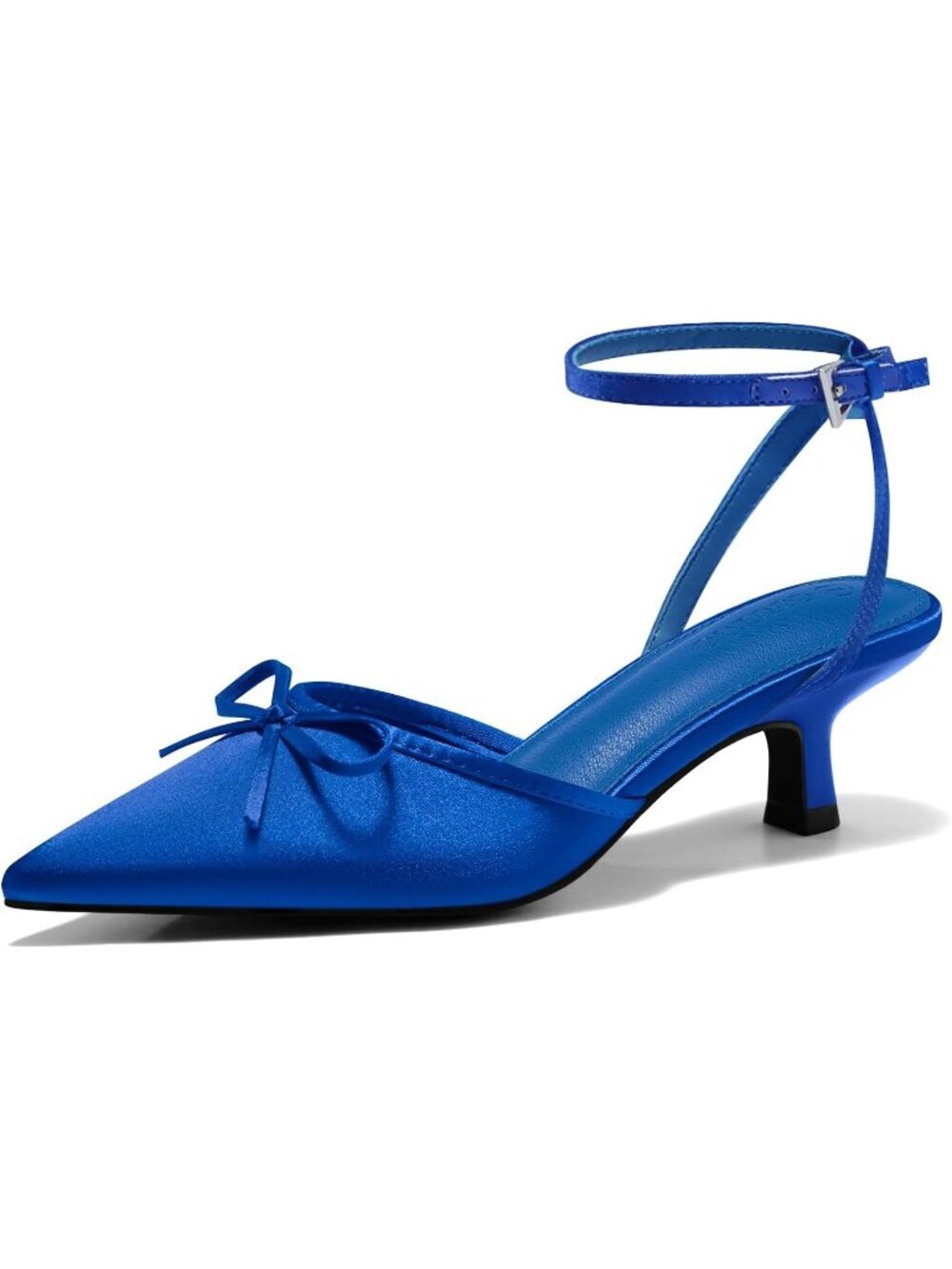 Women's Blue Satin Kitten Low Heels with Bow Closed Pointed Toe Pumps Shoes